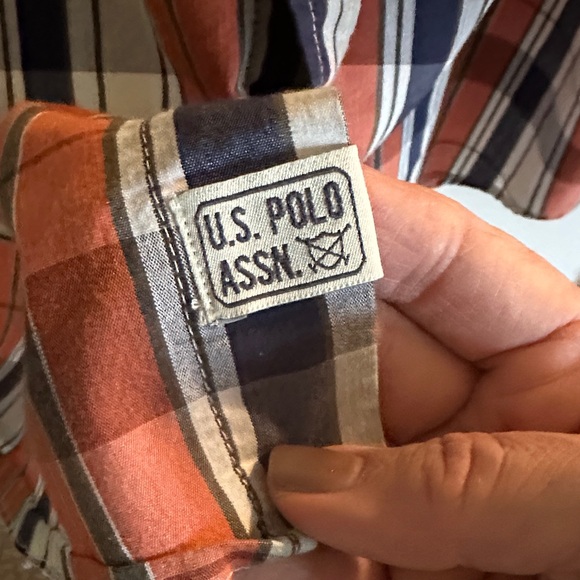 U.S. Polo Assn. Men's Plaid Shirt - Rust, Blue, Cream. Button Up Long Sleeve - Picture 3 of 6